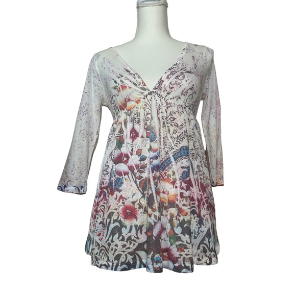 Casual Freedom Tops - Y2K Babydoll Sheer Women's Floral Print V Neck‎ Long Sleeve Boho Tunic Top M